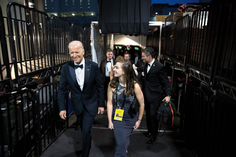 Vice President Joe Biden, with Zeppa Kreager, arrives at Dolby Theatre to attend the Academy Awards in Los Angeles, California, Feb. 28, 2016. Also pictured is Kate Bedingfield, John Flynn. (Official White House Photo by David Lienemann)