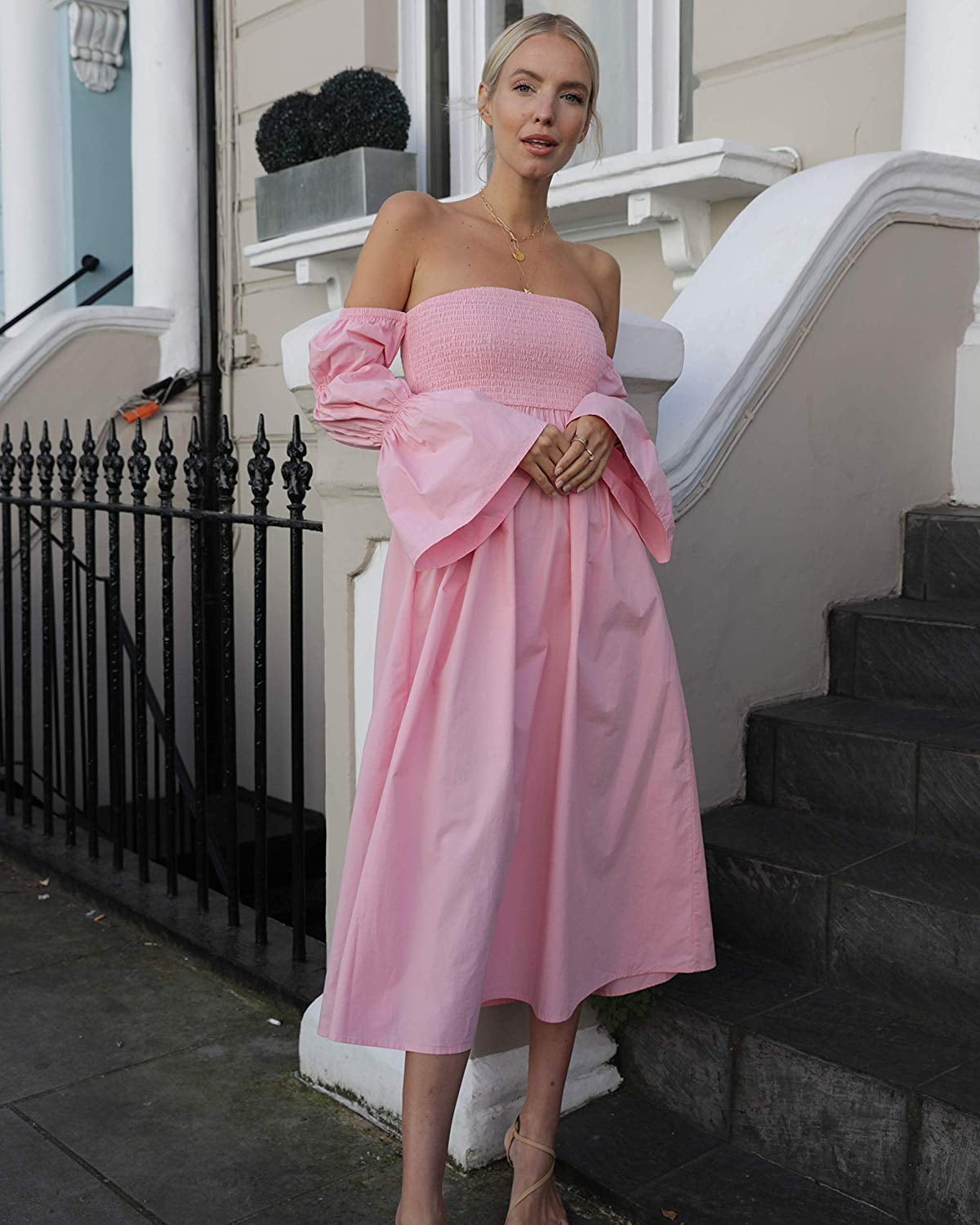 The Drop Womens Candy Pink Off Shoulder Tiered Puff Sleeve Midi Dress by @leoniehanne 
