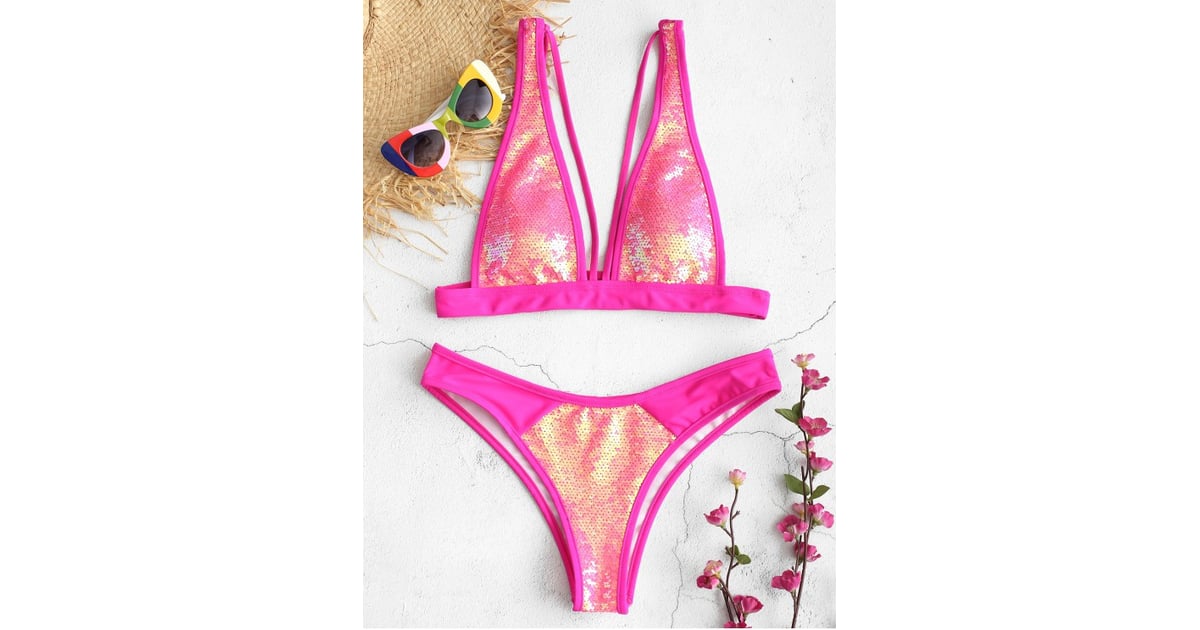 Zaful Sequin Strappy Bikini Set Kendall Jenner Pink Bikini In The