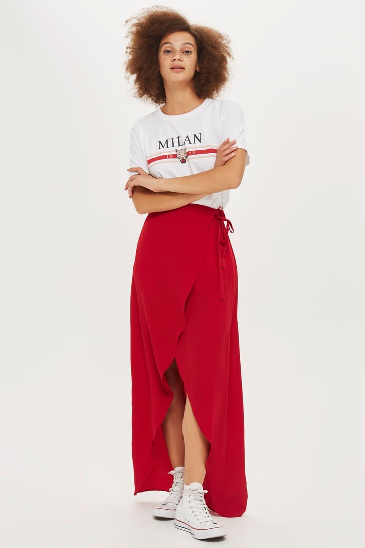 Topshop Soft Wrap Maxi Skirt | Selena Gomez Wearing a Red Wrap Skirt