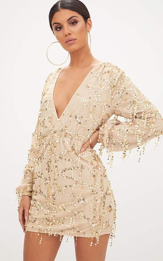 PrettyLittleThing Gold Plunge Sequin Long Sleeve Bodycon Dress
