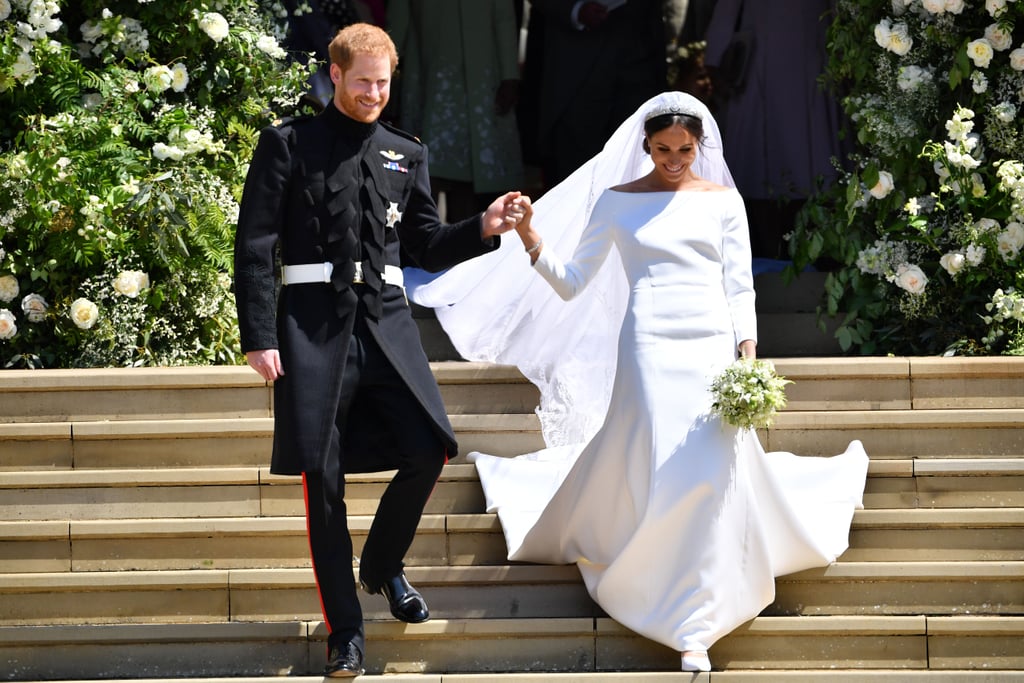 So how exactly should a duo go about recreating Meghan and Harry's iconic wedding day ensembles? You'll need a modest white dress (preferably one with a bateau neckline and long sleeves), lengthy veil, sparkly, Disney princess-worthy tiara, and white heels to look like Meghan, whereas anyone looking to dress like wedding day Harry should wear something that resembles a military uniform. Bonus points if the Meghan lookalike of your twosome carries a small bouquet of white flowers, and the Harry wannabe sensually bites their lip at any point during the Halloween shindig, just like the Duke of Sussex did on the altar.