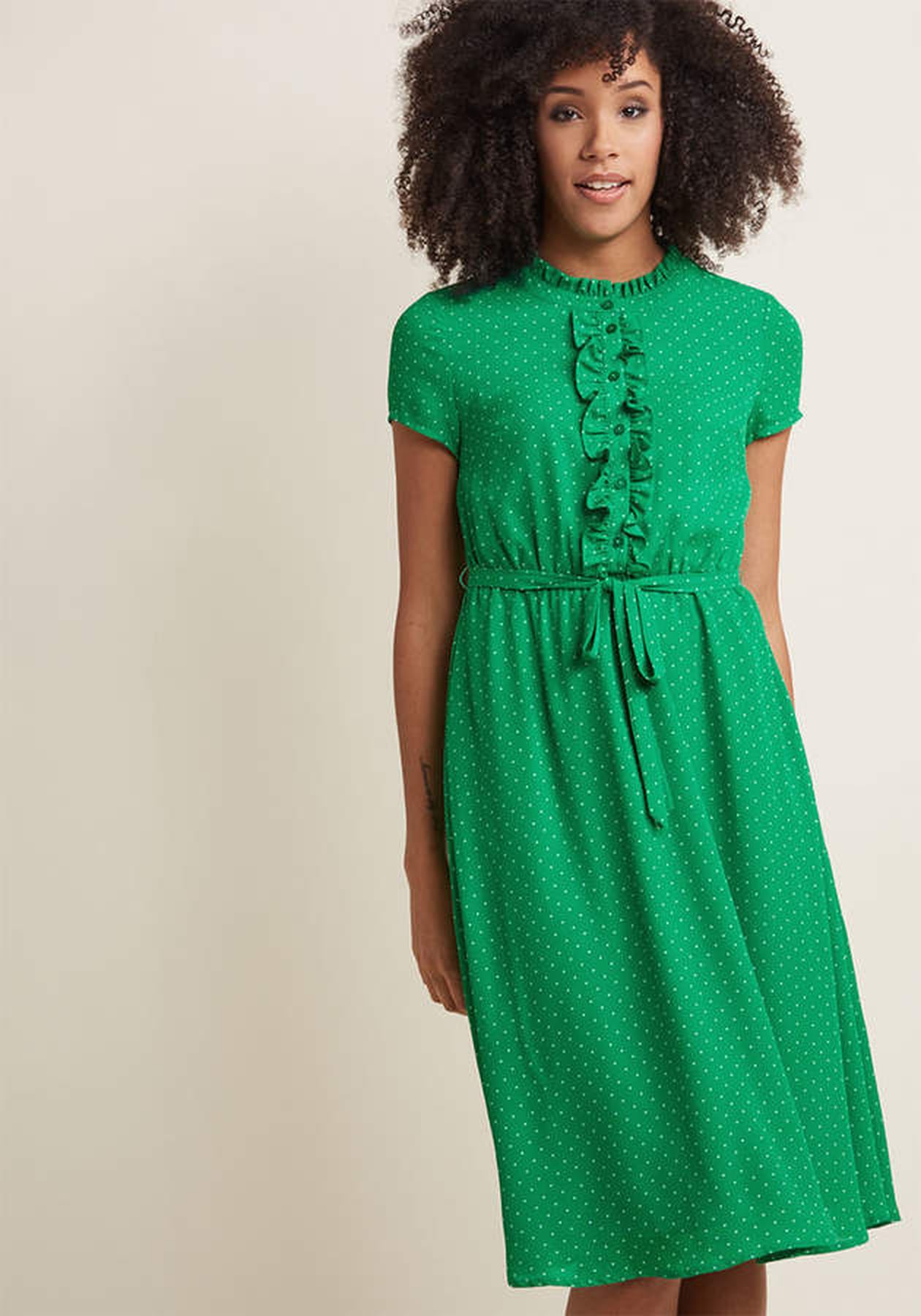 Emily Ratajkowski Wearing Reformation Green Polka-Dot Dress | POPSUGAR ...