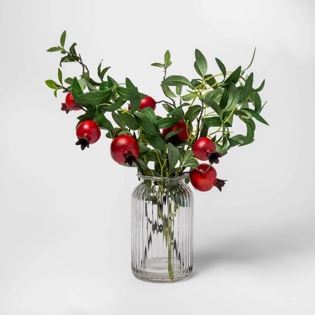 Artificial Pomegranate Arrangement in Glass Vase in Orange/Green