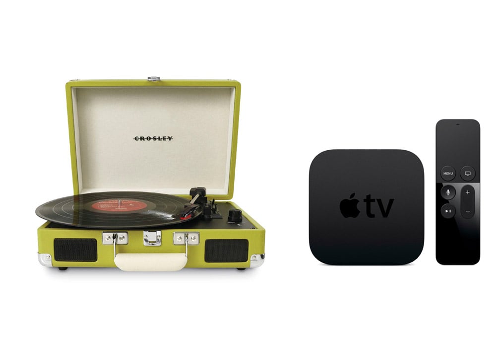 Crosley Cruiser Turntable in Green, ($80). Apple TV 32GB in Black ($150).