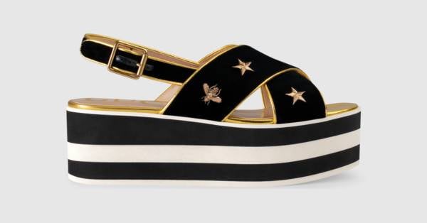 Gucci Embroidered velvet crossover platform sandal