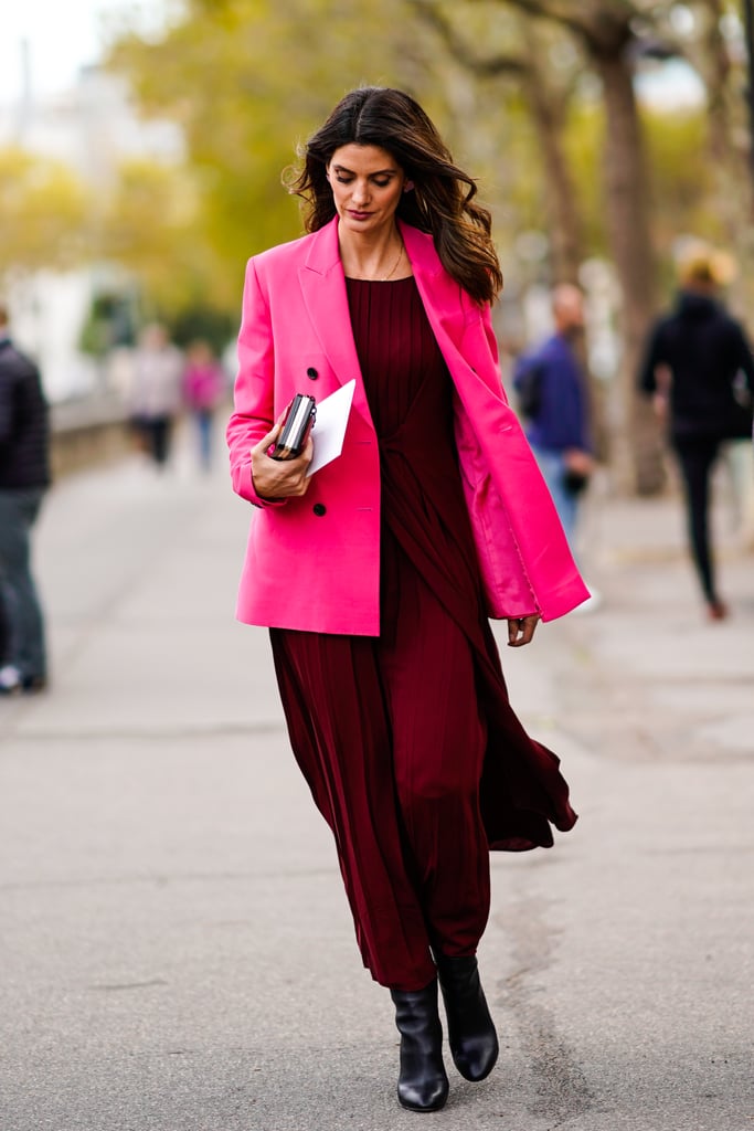 Create more of a contrast with your colours by wearing a dress in the darkest shade of burgundy, topped with a more fluorescent shade of pink on top.