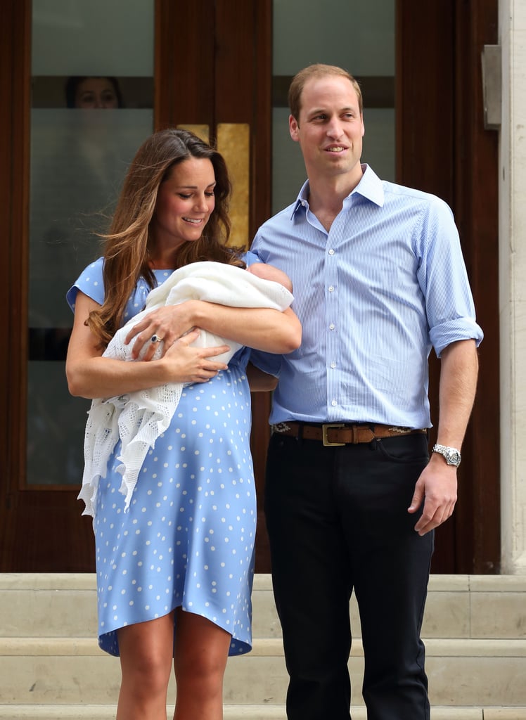 The forget-me-not-blue Jenny Packham was perfect for Kate's coloring — and for this iconic moment when the new mom left the hospital with Prince George.