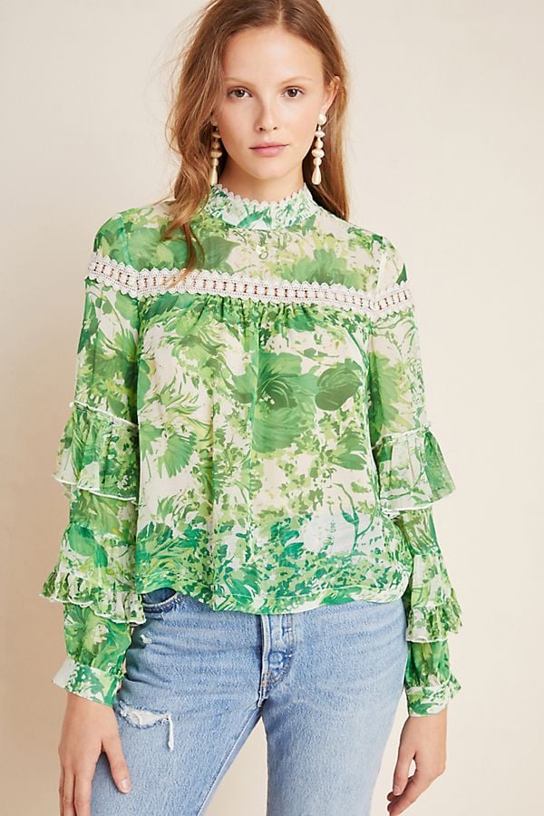 Angelina Ruffle-Sleeved Silk Peasant Blouse