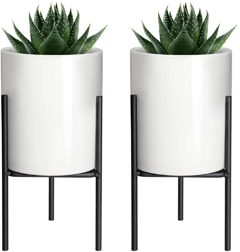 Mkono Modern Planter Small Ceramic Plant Pot with Metal Stand