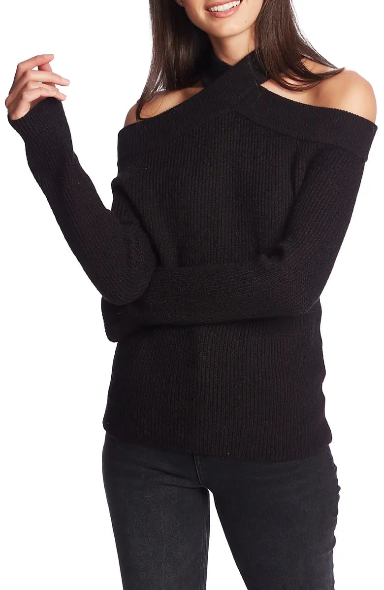 Criss Cross: 1.STATE Cross Neck Cold Shoulder Cotton Blend Sweater