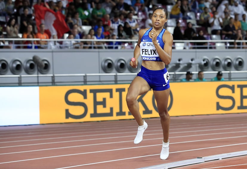 DOHA, QATAR - OCTOBER 05:  Allyson Felix of the United States competes in the Women's 4x400 metres relay heats during day nine of 17th IAAF World Athletics Championships Doha 2019 at Khalifa International Stadium on October 05, 2019 in Doha, Qatar. (Photo