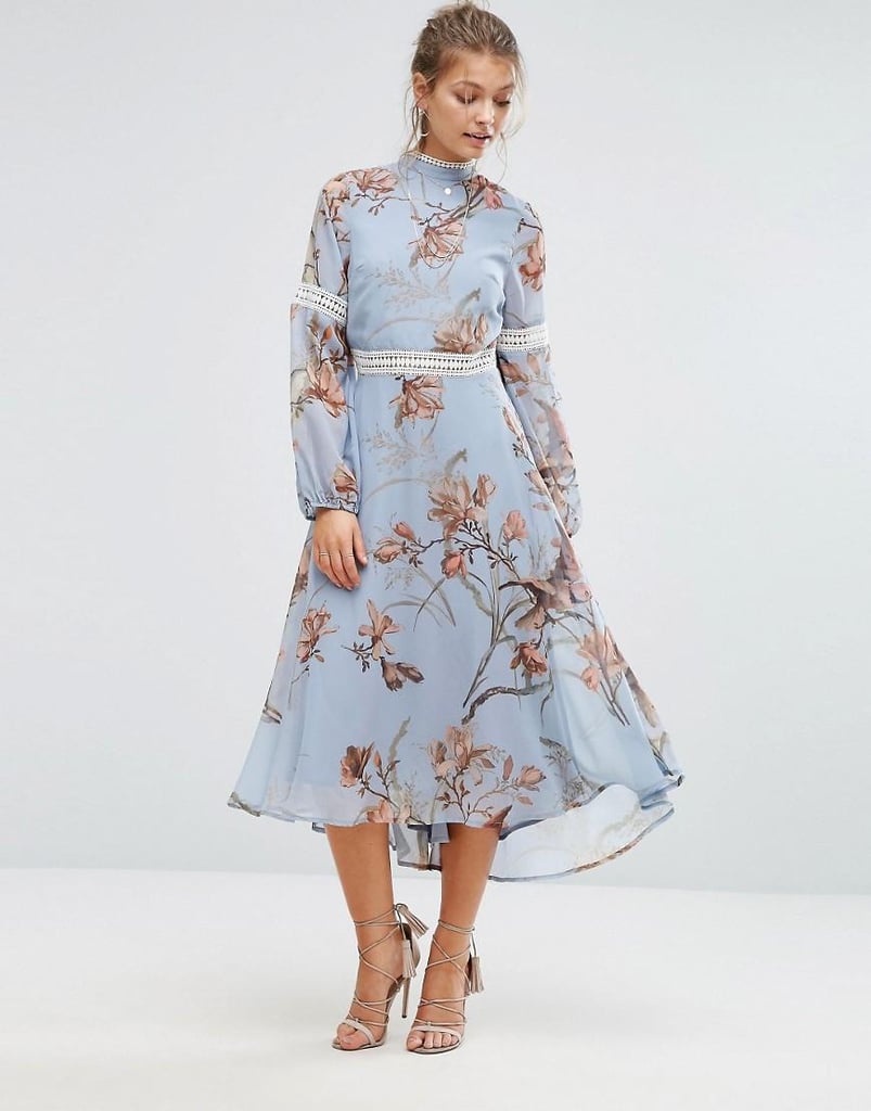 Hope & Ivy Printed Open Back Midi Dress With Lace Inserts