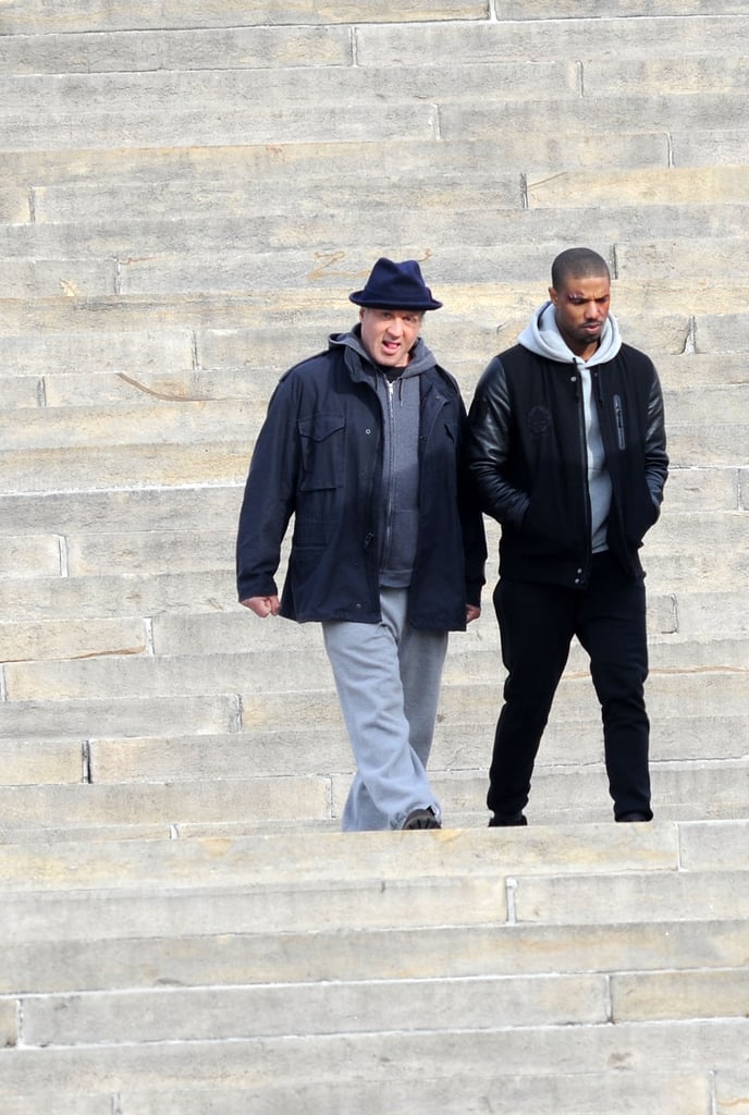 Michael B. Jordan walked the steps outside the Philadelphia Museum with Rocky himself, Sylvester Stallone. The actors were filming scenes for their new movie Creed on Monday.