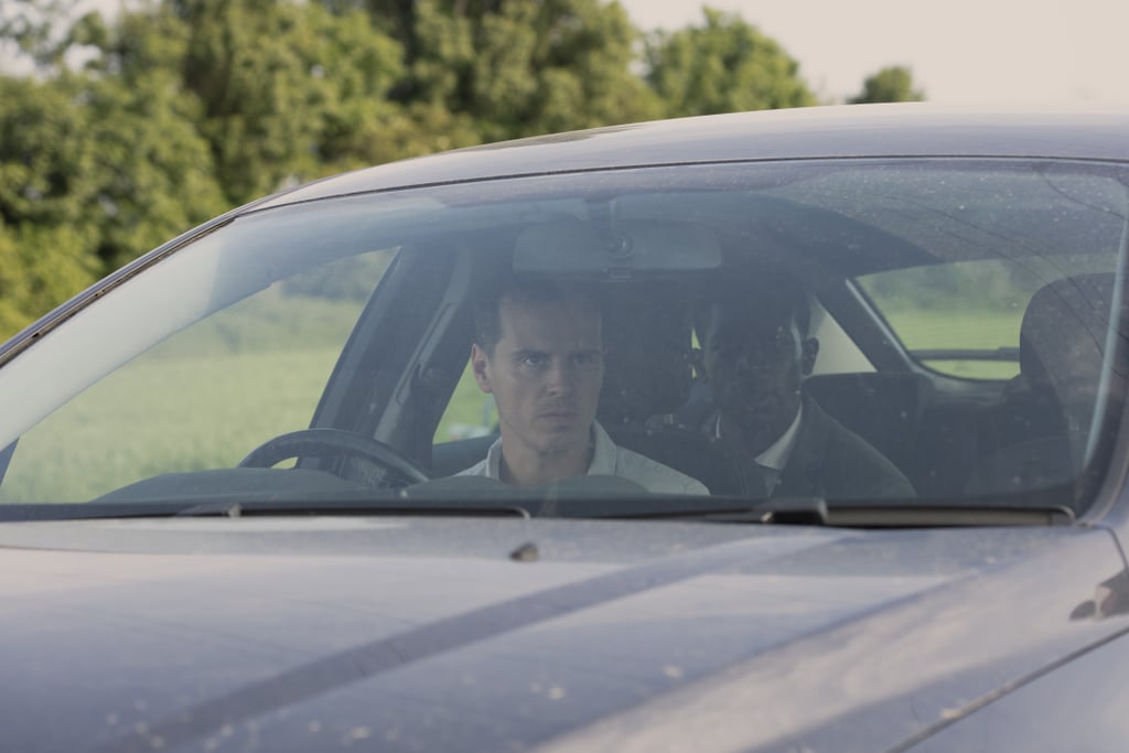Andrew Scott (Sherlock) can be seen waving a gun and ranting about people being addicted to their phones in the trailer, whereas this photo shows the character in a more relaxed moment in the car. (Though, to be fair, that's his hostage in the backseat.)