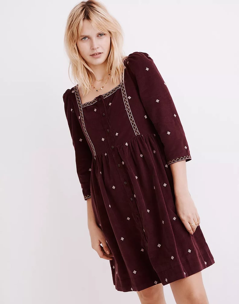 A Conversation Starter: Embroidered Corduroy Button-Front Mini Dress