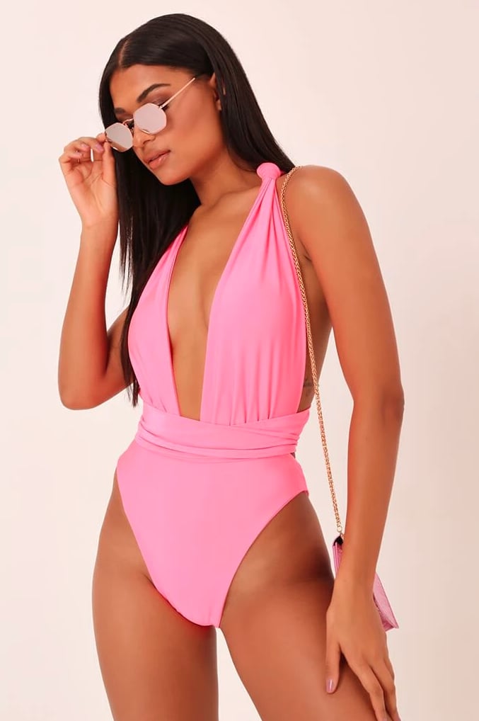 Pink plunge swimsuit shop