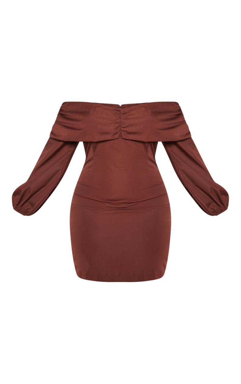 Chocolate Puff Sleeve Ruched Bardot Bodycon Dress