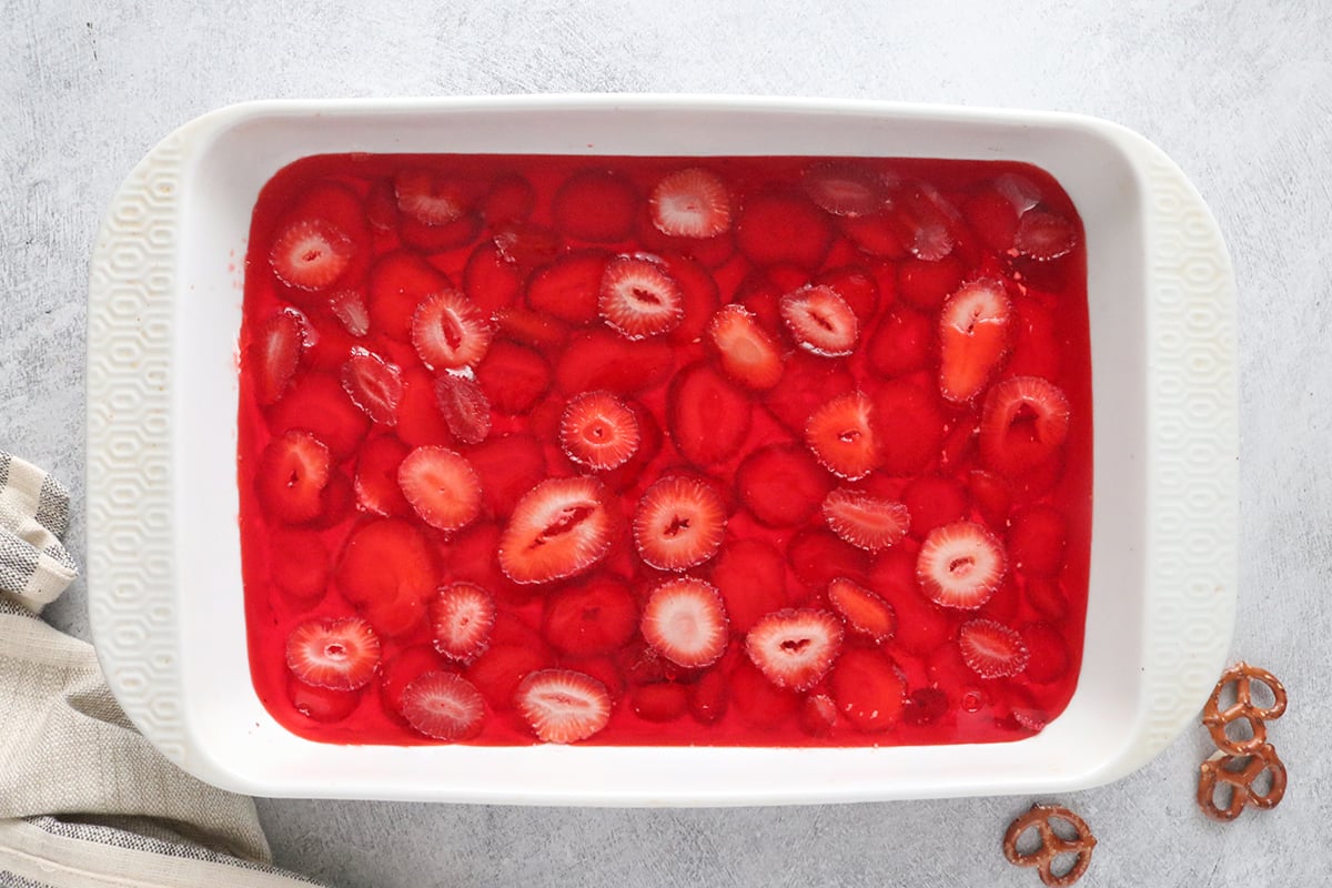 Strawberry pretzel salad on a baking dish