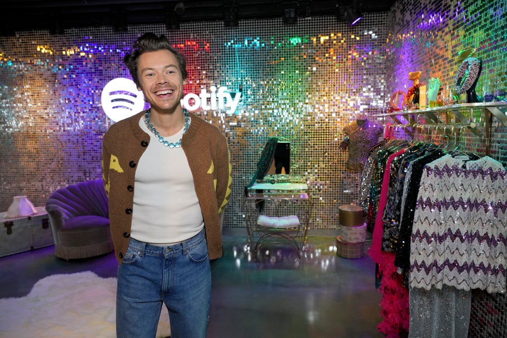 Harry Styles Wearing a Duck Cardigan and Wide-Leg Jeans