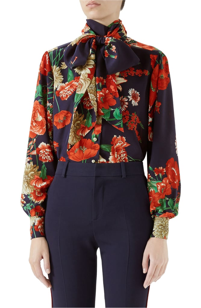 Gucci Spring Bouquet Print Tie Neck Silk Blouse