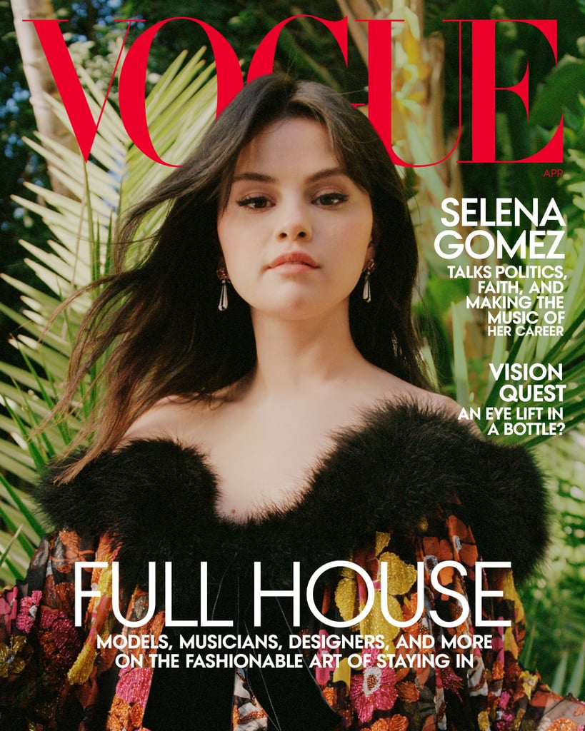 In her main Vogue cover photo, Selena wears a floral, fuzz-lined Saint Laurent dress while smizing in front of palm fronds. It's hard to tell exactly what part of her backyard this is in, but we're still jealous of those picturesque fronds nonetheless.