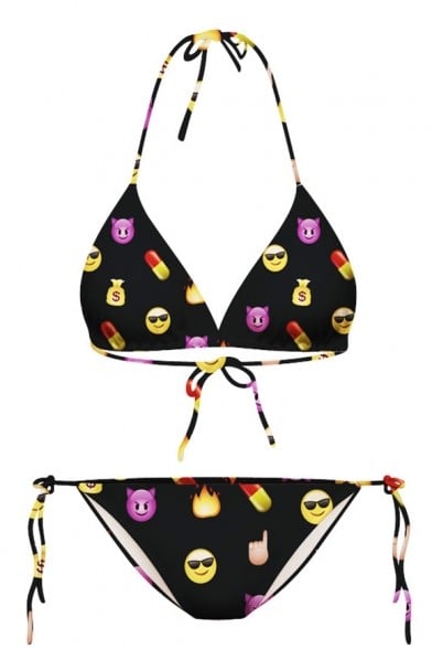 Black Emoji Print Halter with String Bikini Set ($18, originally $20)
