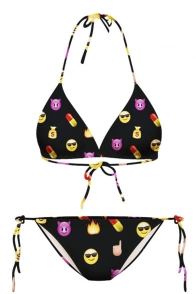 Black Emoji Print Halter with String Bikini Set ($18, originally $20)