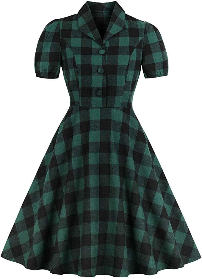 Wellwits Green Check Button Down Shirt Dress