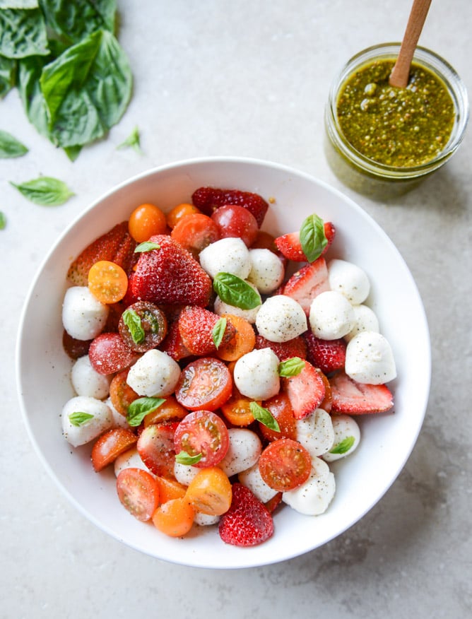 Caprese With Strawberries and Pistachio Pesto