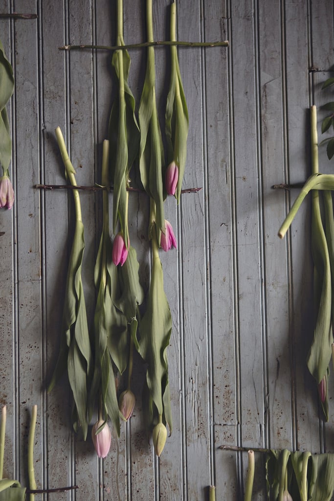 Vibrant tulips hang artfully, juxtaposed against the decaying walls inside the home.