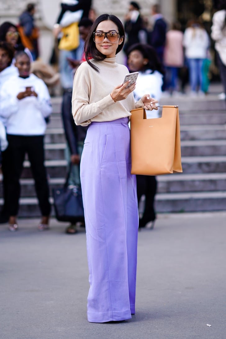 Off Shoulder Knit Top  Belted Ankle Length Pants  StylePantry  Pants  outfit work Purple pants outfit Ankle length pants