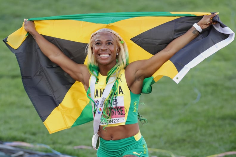 EUGENE, OREGON - JULY 17: Shelly-Ann Fraser-Pryce of Team Jamaica celebrates after winning gold the Women's 100m Final on day three of the World Athletics Championships Oregon22 at Hayward Field on July 17, 2022 in Eugene, Oregon. (Photo by Carmen Mandato