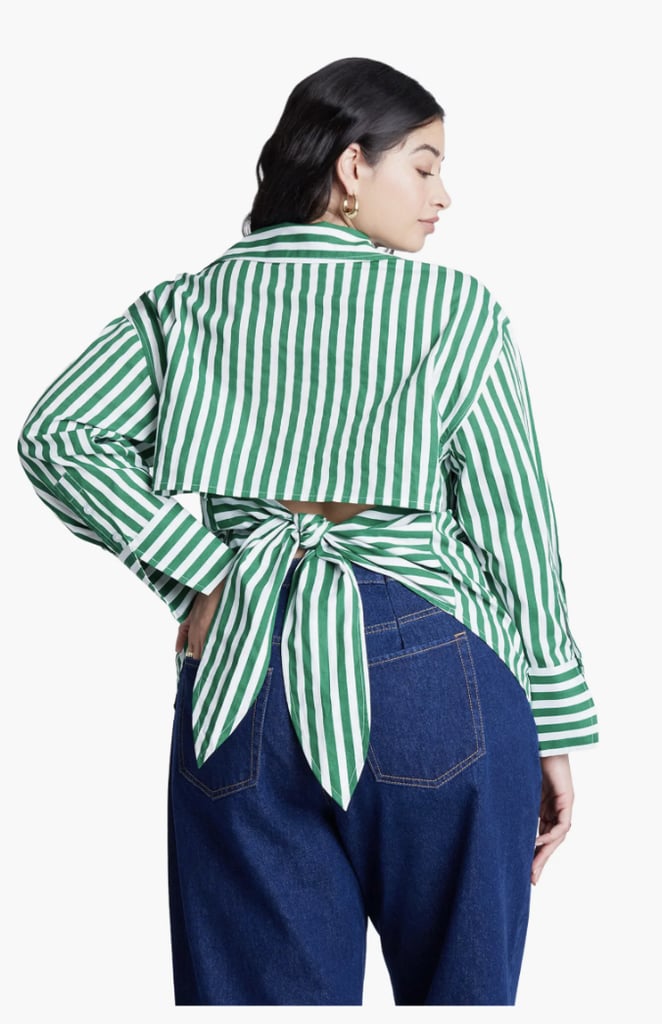 Eloquii Striped Tie Back Button Up Top