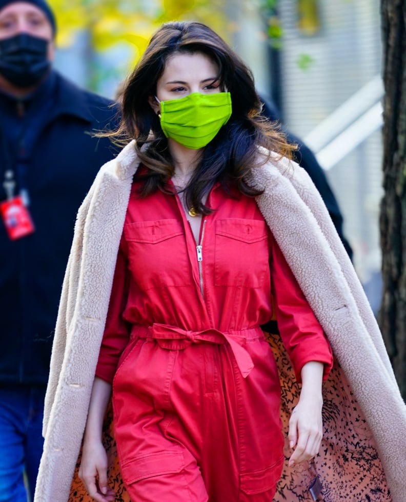 Selena Gomez Wears a Red Utility Jumpsuit on Set in New York