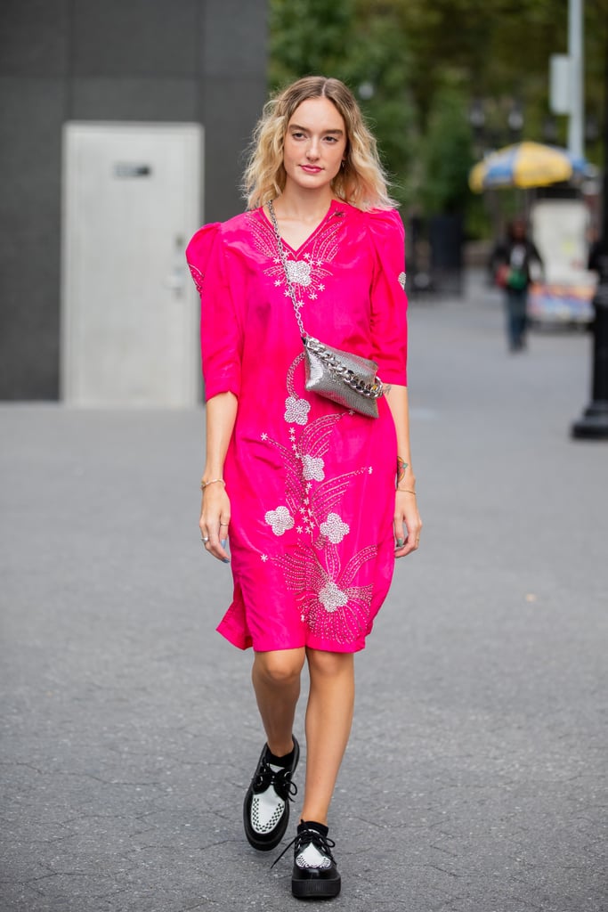 Go bright with a hot pink midi dress and tone it down a tiny bit with some black and white creepers.