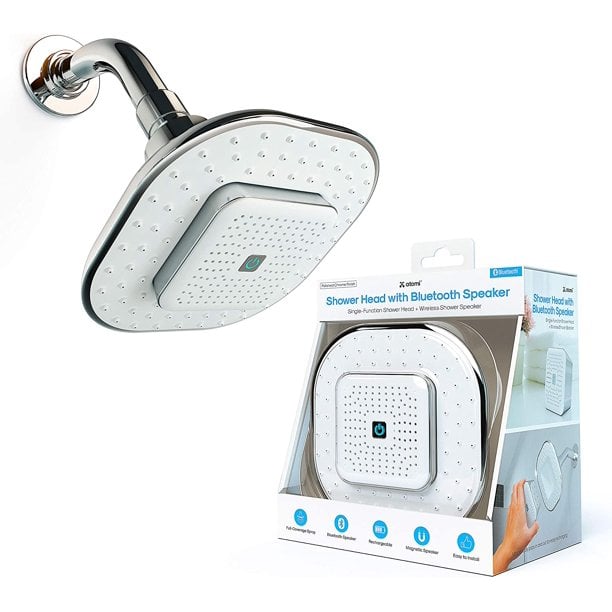 Atomi 4.9” White Showerhead With Removable, Magnetic Bluetooth Speaker