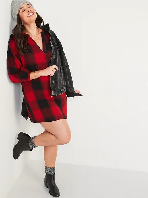 Old Navy Long-Sleeve Plaid Mini Swing Dress