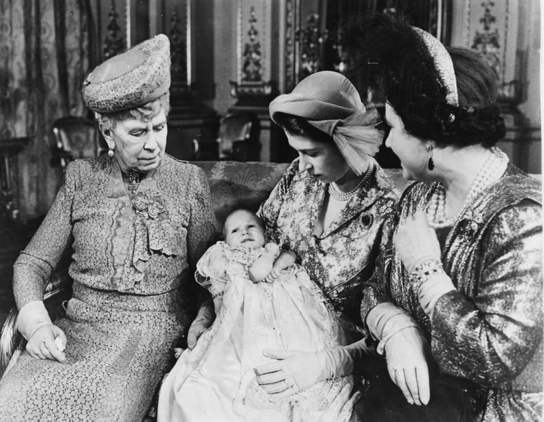 Princess Elizabeth holds Princess Anne in 1950 With Grandmothers Queen Mary and Queen Elizabeth