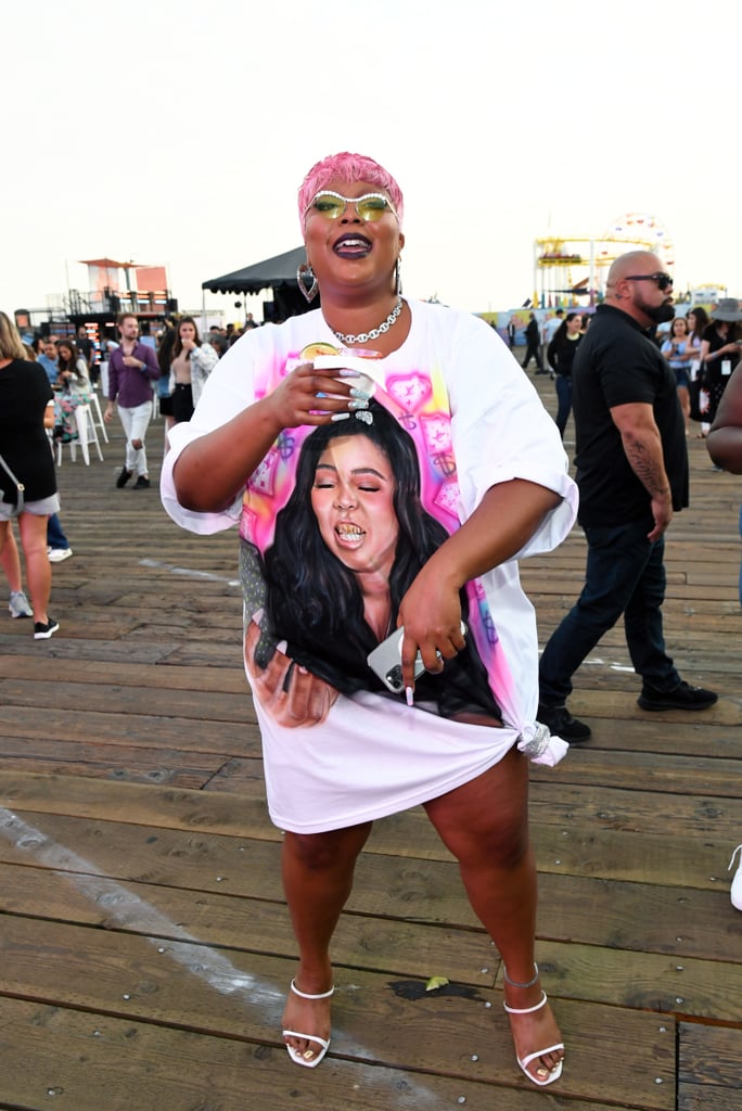 Lizzo Wearing a T-Shirt Dress With Her Face On It