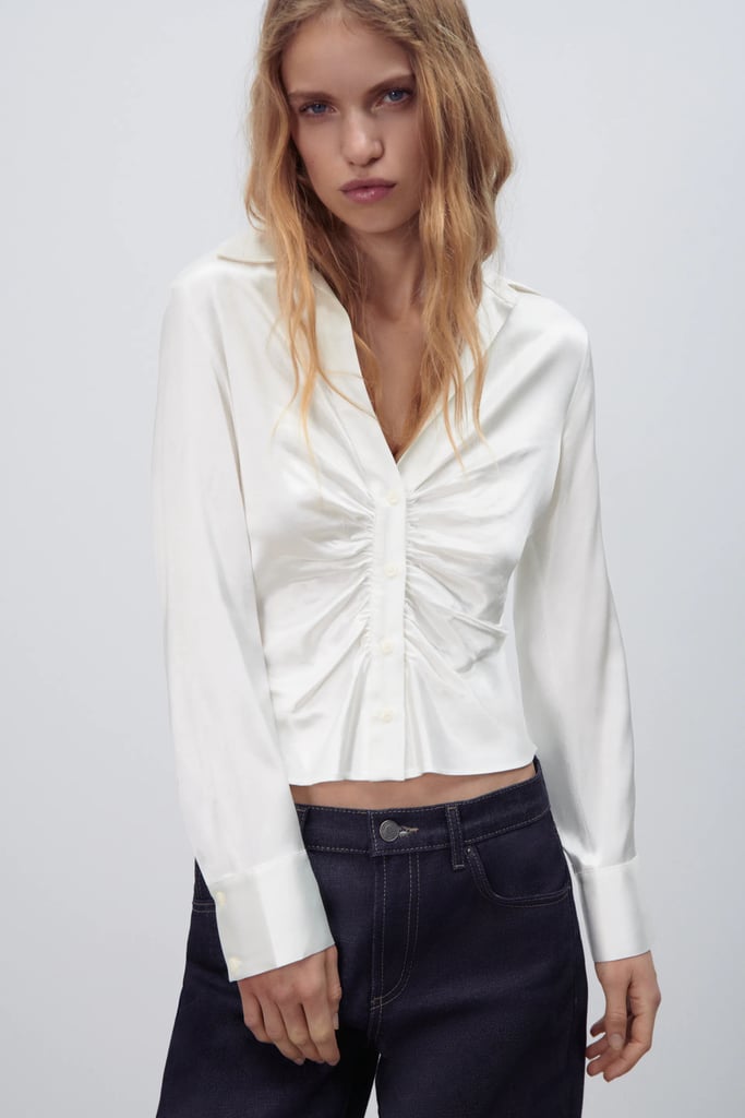 Not Your Average White Top: Ruched Satin Effect Shirt