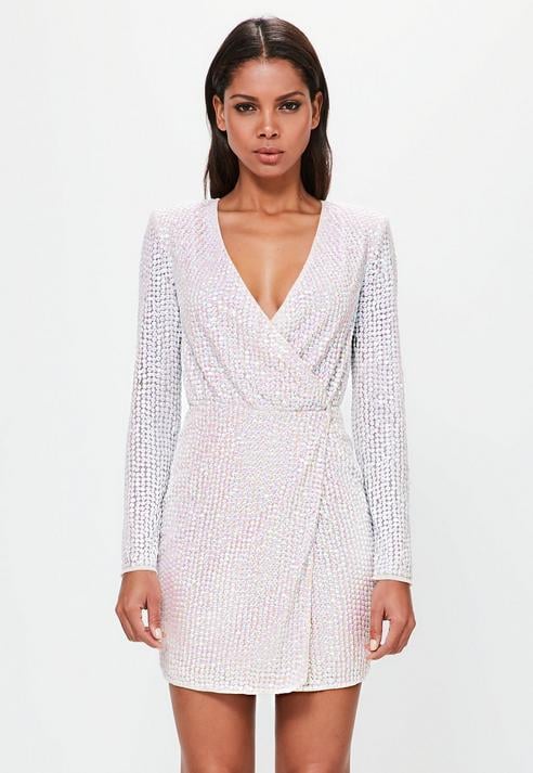 Missguided Silver Pearlescent Wrap Plunge Mini Dress