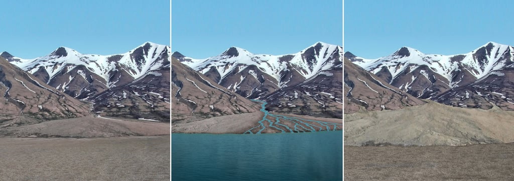 This reconstructed image of a mountain range in Svalbard, Norway, was altered to show why scientists believe a lake existed on Mars. The mountain range represents the suspected rim of the planet's Gale Crater, which surrounds Mount Sharp. Water from the snowmelt flowed down the mountain into a fan and delta, as seen here, which would have created layered sediment in the middle of the crater.