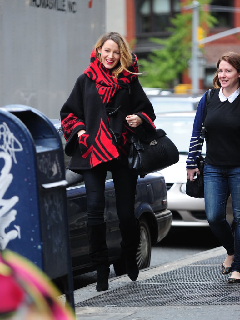 If anyone knows how to convey her mood through what she’s wearing, it’s Blake Lively. The star chose to pair her printed cocoon coat with black suede booties, live-in skinnies, a simple satchel, and emerald green earrings that give her look quite the festive kick. If we didn’t know any better, we’d say Blake’s feeling pretty cheerful these days, and frankly, who could blame her? Scroll down to get on her level and scoop up her cloak, or shop for similar styles.