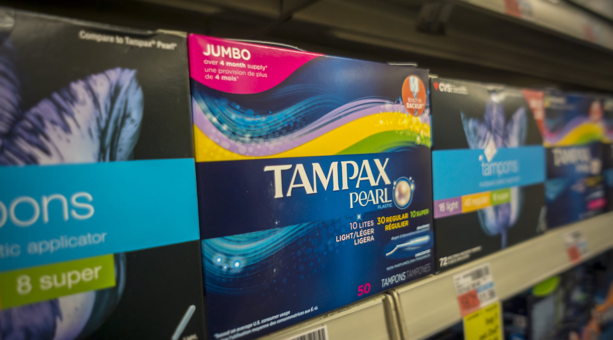 Packages of Tampax brand tampons on a drugstore shelf in New York on Wednesday, February 10, 2016. A bill making its way through the Utah legislature would eliminate tax on tampons and other feminine hygiene products. 40 states currently impose a sales tax on feminine hygiene products and there is also a bill under consideration in California to eliminate the tax. ( Richard B. Levine) (Photo by Richard Levine/Corbis via Getty Images)