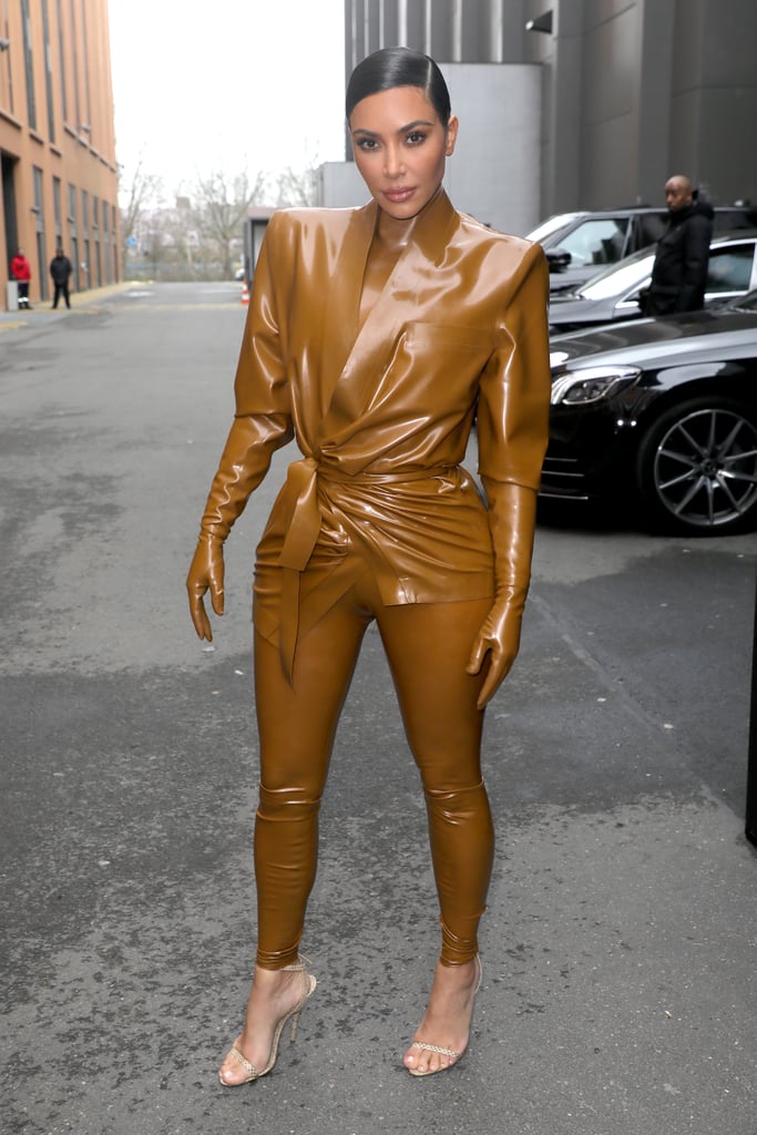 Kim Kardashian Wearing a Latex Balmain Outfit at Paris Fashion Week