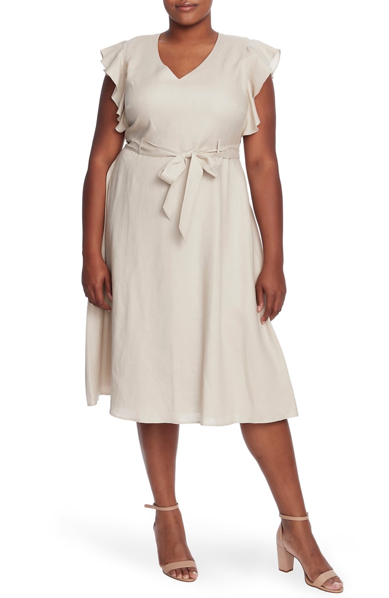 CeCe Flutter-Sleeve Belted Linen Dress