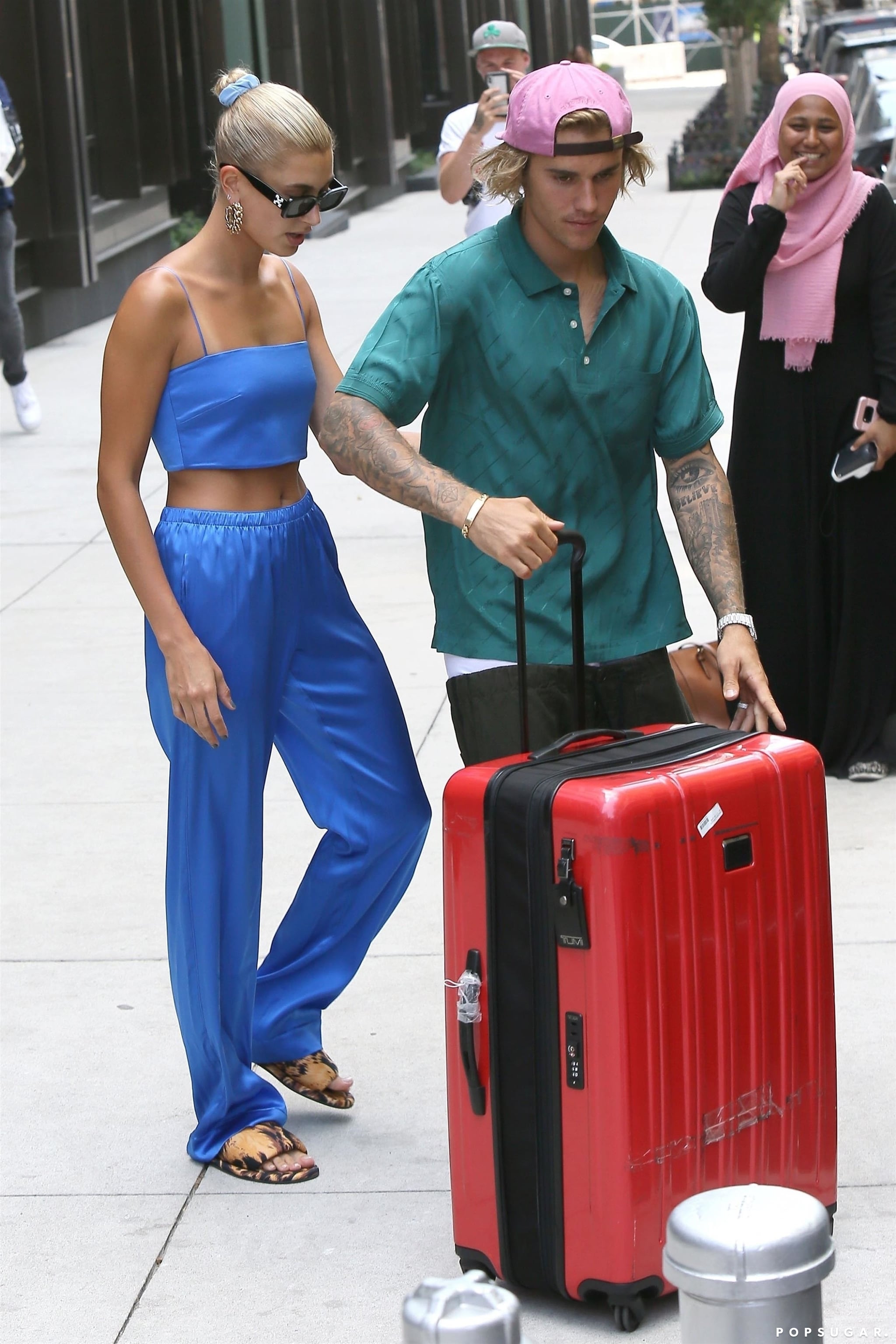 Hailey Baldwin Blue Crop Top and Pants With Justin Bieber