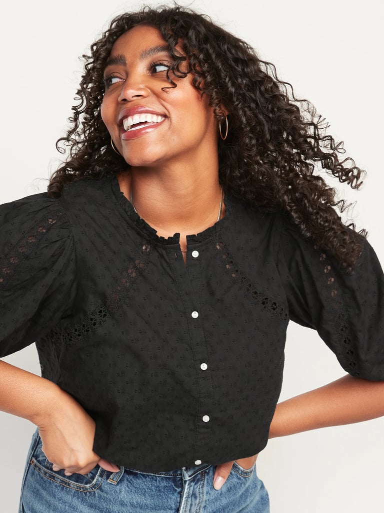 A Versatile Top: Old Navy Puff-Sleeve Lace-Trim Clip-Dot Blouse