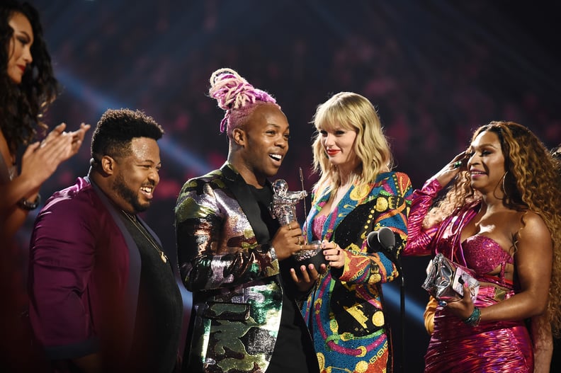 NEWARK, NEW JERSEY - AUGUST 26: Todrick Hall and Taylor Swift receive 'Video For Good' award for onstage during the 2019 MTV Video Music Awards at Prudential Center on August 26, 2019 in Newark, New Jersey. (Photo by Dimitrios Kambouris/VMN19/Getty Images